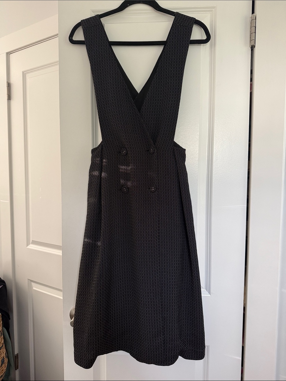 Eva Franco Black Textured V-Neck Pinafore Midi Dress